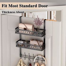 Hooks on the door to hang clothes; towel rack on the door with 2 baskets; coat rack on the door bathroom organizer; black