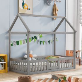 Twin Size Wood House Bed with Fence and Door, Gray Wash (Expected Arrival Time:6.30)