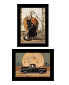 "Harvest Moon with A Black Cat & Truck" 2-Piece Vignette by Bonnie Mohr; Ready to Hang Framed Print; Black Frame