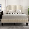 Modern Linen Curved Upholstered Platform Bed ; Solid Wood Frame ; Nailhead Trim; Cream (Full)