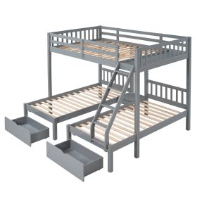 Full Over Twin &amp; Twin Bunk Bed; Wood Triple Bunk Bed with Drawers and Guardrails (Gray) (OLD SKU:LP000143AAE)