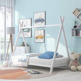 House Bed Tent Bed Frame Twin Size Metal Floor Play House Bed with Slat for Kids Girls Boys ; No Box Spring Needed White