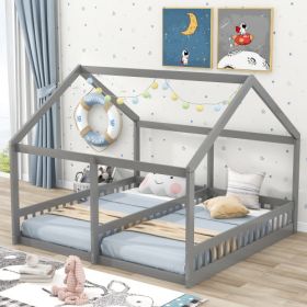 Twin Size House Platform Beds; Two Shared Beds; Gray