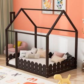 (Slats are not included) Full Size Wood Bed House Bed Frame with Fence; for Kids; Teens; Girls; Boys (Espresso )(OLD SKU:WF281294AAP)