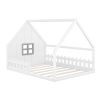 Full Size Wood House Bed with Window and Fence, White