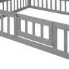 Full Size Wood House Bed with Fence and Door, Gray Wash (Expected Arrival Time:6.30)