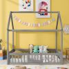 Full Size Wood House Bed with Fence and Door, Gray Wash (Expected Arrival Time:6.30)