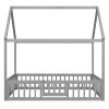 Full Size Wood House Bed with Fence and Door, Gray Wash (Expected Arrival Time:6.30)