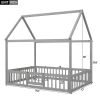 Full Size Wood House Bed with Fence and Door, Gray Wash (Expected Arrival Time:6.30)