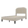 Modern Linen Curved Upholstered Platform Bed ; Solid Wood Frame ; Nailhead Trim; Cream (Full)