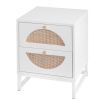 Allen 2 Drawer Nightstand Set of 2; White; Natural Rattan; Display Rack for Bedroom and Living Room