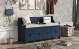 TREXM Movable Cushion Storage Bench with Drawers and Backrest for Entryway and Living Room(Antique Navy)