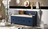 TREXM Movable Cushion Storage Bench with Drawers and Backrest for Entryway and Living Room(Antique Navy)