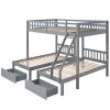 Full Over Twin &amp; Twin Bunk Bed; Wood Triple Bunk Bed with Drawers and Guardrails (Gray) (OLD SKU:LP000143AAE)