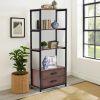 Home Office 4-Tier Bookshelf; Simple Industrial Bookcase Standing Shelf Unit Storage Organizer with 4 Open Storage Shelves and Two Drawers; Brown