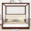 King Size Wooden Canopy Platform Bed with Upholstered Headboard; Espresso