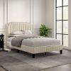 Modern Linen Curved Upholstered Platform Bed ; Solid Wood Frame ; Nailhead Trim; Cream (Full)