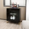 Black Storage Cabinet with Glass Door; Sideboard Buffet Cabinet for Kitchen; Dining Room