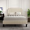 Modern Linen Curved Upholstered Platform Bed ; Solid Wood Frame ; Nailhead Trim; Cream (Full)