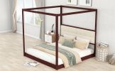 King Size Wooden Canopy Platform Bed with Upholstered Headboard; Espresso