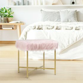 Luxurious Faux Fur Covered Footrest Stool with Gold Metal Base (Color: Pink)