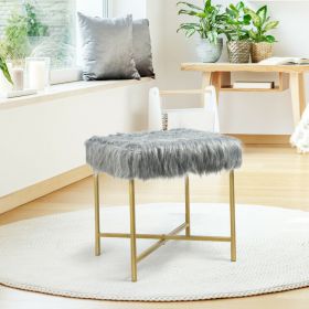 Luxurious Faux Fur Covered Footrest Stool with Gold Metal Base (Color: Gray)