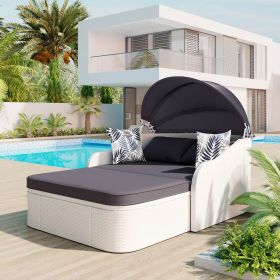 79.9" Outdoor Sunbed with Adjustable Canopy;  Double lounge;  PE Rattan Daybed (Color: White+gray)