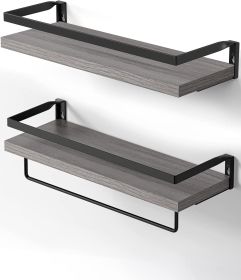 Floating bathroom shelf with towel rail; bathroom/living/kitchen/bedroom wall shelf set of 2; light brown; dark brown; black. (Color: Grey)