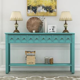 Rustic Entryway Console Table, 60" Long with two Different Size Drawers and Bottom Shelf for Storage (Color: Blue)