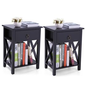 X-shaped bedside table with single drawer coffee table for bedroom living room - Set of 2 (Color: 2 pieces in black)