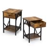 Set of 2 Nightstand Industrial End Table with Drawer;  Storage Shelf and Metal Frame for Living Room;  Bedroom;  XH