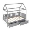 Twin Size House Bed with drawers, Fence-shaped Guardrail